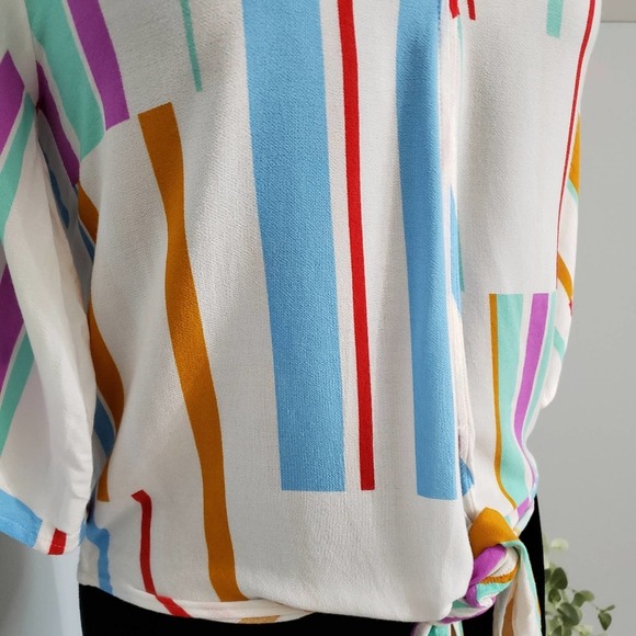 Lovestitch Striped Multicolor Vibrant Tie Blouse Casual Boho Chic Coastal V Neck - Picture 8 of 12